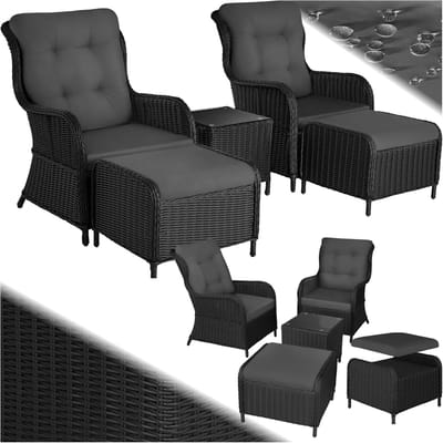 Rotan tuinmeubelset 90 x 67 x 100 cm – Luxe 5-delige relaxstoel set met 2 stoelen, krukken en tafel – Aluminium loungeset met kussens voor balkon & terras – zwartl Urbanhome