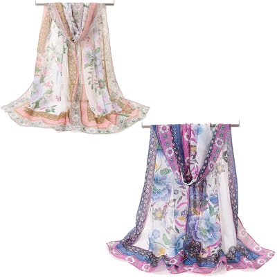 Cosensi- Damessjaal Elegant - 2 Stuks - Lente Stola - Chiffon - Bloemenpatroon - 50 x 160 cm - Lichtgewicht en Ademend - Sjaal