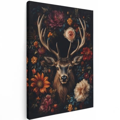 Artaza Canvas Schilderij Hertenkop Met Bloemen - Dierenportret - Natuur - 30x40 cm - Klein - Wanddecoratie Woonkamer - Schilderijen - Muurdecoratie