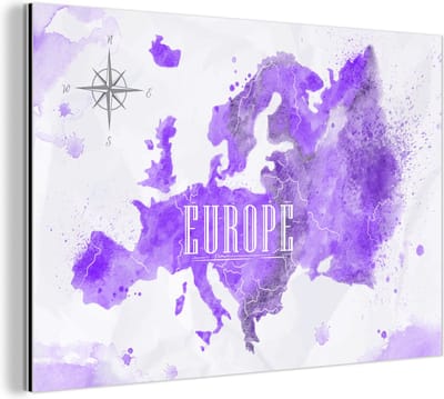 Aluminium schilderij 120x80 cm - Wanddecoratie metaal - Europa - Wereldkaart - Verf - Metalen muurdecoratie woonkamer - Decoratie industrieel - Foto op dibond - Industriële accessoires slaapkamer