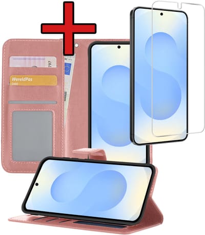 Hoesje - Met Screenprotector - Geschikt voor Samsung Galaxy S25 Edge - Luxe Pasjeshouder - Flipcase - Bookcase Portemonee - Flip Case - Kunstleer Book Case - Book Cover - Walletcase - Portemonneehoes - Telefoonhoes - Rosé goud
