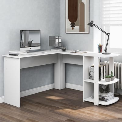 MODFU - Hoekbureau - L-Vormig Met 2 Open Planken - Modern Voor Thuiskantoor - Spaanplaat - Wit - 140 X 140 X 75 Cm