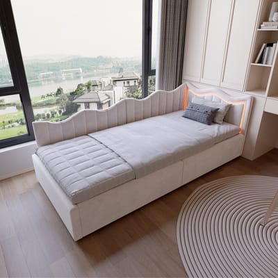 Opbergbed 90x200 cm beige fluweel met gaslift, LED-verlichting, opbergruimte en gestoffeerd kinderbed