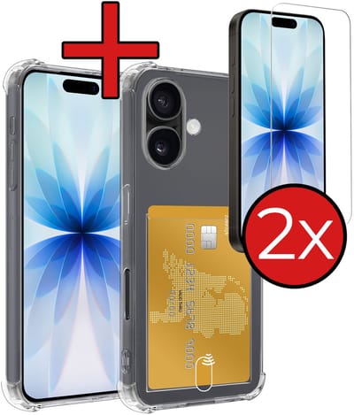 Hoesje - Geschikt voor Apple iPhone 17 - Met Screenprotector - Pashouder - Kaarthouder - Back Cover - Telefoon Hoes Shockproof - Siliconen Case - Shock Proof - Pasjes Houder - Telefoonhoes - Transparant