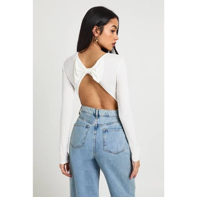 boohoo Dames Slinky Bodysuit met Strikdetail op de Rug en Lange Mouwen | Ivoor | Maat: 40