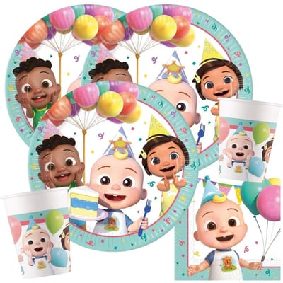 Dailygoods- Partyset 36-delig - Kartonnen Borden - Papieren Bekers - Servetten - Cocomelon - Feestdecoratie voor Kinderverjaardag - Verjaardagsset
