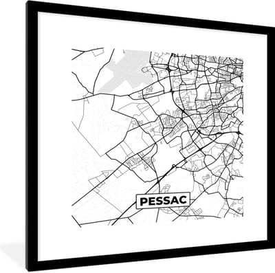 Fotolijst incl. Poster Zwart Wit- Kaart - Stadskaart - Pessac - Frankrijk - Plattegrond - Zwart wit - 40x40 cm - Posterlijst