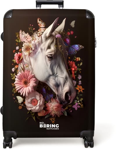 NoBoringSuitcases.com® - Koffer groot - Reiskoffer lichtgewicht - Wit paardenhoofd tussen kleurrijke bloemenkrans - Rolkoffer met 4 wielen - Grote trolley XL - 98 liter bagage