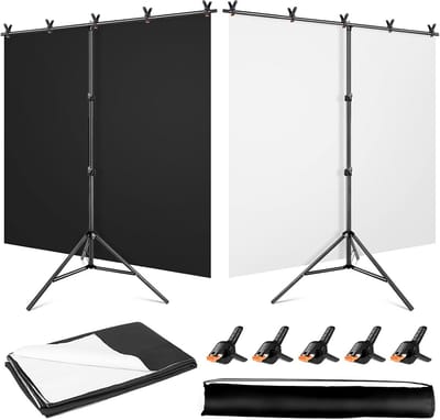 Zwart wit achtergrondscherm met standaardset, 1,5 x 2,0 m voor foto-videostudio, 2-in-1 zichtbare zwarte achtergrond, wit scherm met T-vormige fotografie-achtergrondondersteuningsstandaard en 5