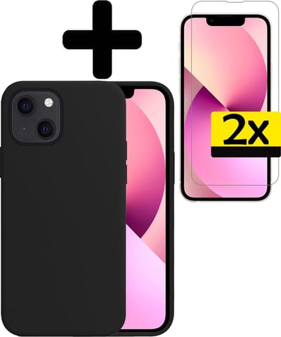 Hoesje - Met 2x Screenprotector - Geschikt voor Apple iPhone 13 Mini - Sterk & Shockproof - Back Cover - Siliconen Case - Telefoon Hoes - Telefoonhoesjes - Zwart