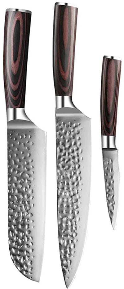 Shinrai Knives - Hammered RVS 3-delige Messenset - Koksmes + Santoku + Schilmes
