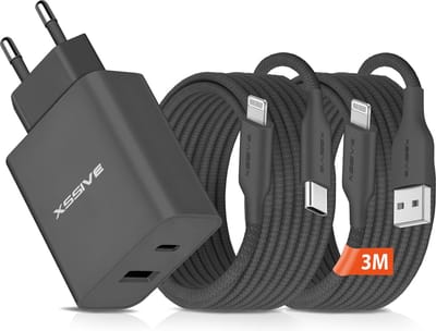 Complete Snellader Set - 3 Meter - Geschikt voor iPhone 14, 13, 12, 11, X, 8, 7, SE en ouder - Snel Oplader met Kabels
