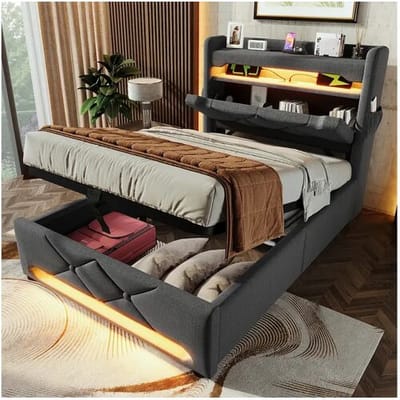 ModernLuxe Gestoffeerd opbergbed 90x200 cm - met LED en USB-oplaadpoorten - Linnenstof - Hoofdeinde met opbergruimte - Grijs