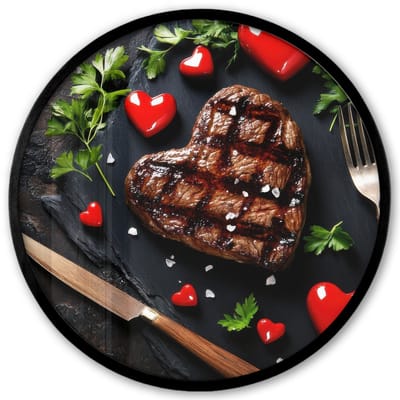 Poster in lijst Rond - Fotolijst 40x40 cm - Posters - Steak - Hart - Bestek - Ronde posterlijst zwart - Decoratie - Wanddecoratie woonkamer - Muurdecoratie slaapkamer