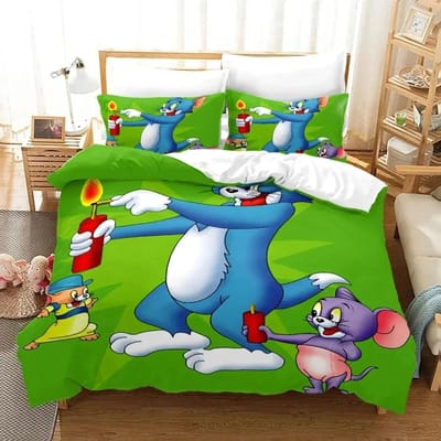 Cartoon T-Tom Muis en Kat Beddengoed Set J-Jerry Dekbedovertrek Beddengoed Set Dekbedhoes Kussensloop Dekbed King Queen Maat Jongens Volwassenen AU Single(140*210cm)3pcs