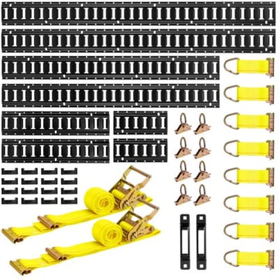 VEVOR E-Track bevestigingsrailset, 8-pack (1,5/1,2/0,6/0,3 m) E-Track-rails, set van 36 stuks, inclusief 2 spanbanden, 8 O-ringen, 8 bevestigingsbanden met D-ringen, 2 enkele sleuven en 16 eindkappen