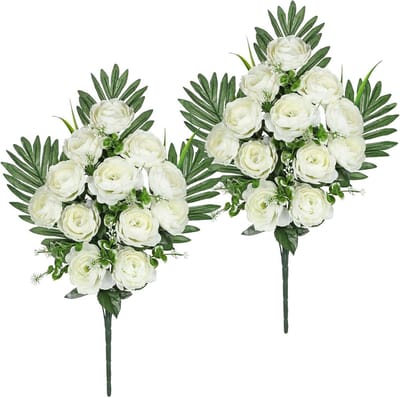 2 Stuks Neppe Begrafenis Bloemen 55 cm Witte Camelia Boeket voor Grafherinneringen, Kunstbloemen voor Grafdecoratie en Thuisvaas Versiering