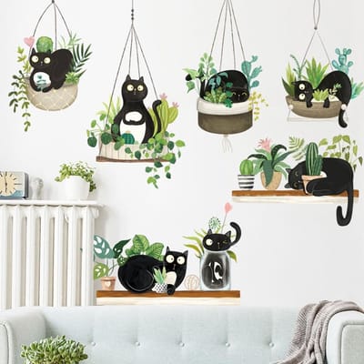 Dailygoods- Muursticker Kat met Plantenpatroon - Muurstickers Kinderkamer - Wanddecoratie PVC - Decoratie Kinderen - 90x30 cm - Creatieve Wanddecoratie