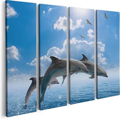 Artaza Canvas Schilderij Vierluik Dolfijnen Springen uit de Blauwe Zee - 80x60 - Foto Op Canvas - Canvas Print