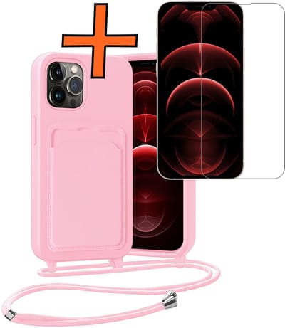 Hoesje Geschikt voor iPhone 13 Pro Hoesje Met Telefoonketting Pasjeshouder Case Met Screenprotector Koord - Hoesje Geschikt voor iPhone 13 Pro Hoes Met Kaarthouder - Lichtroze