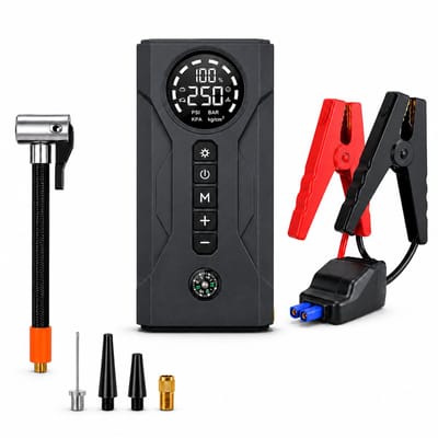 Gloovon® - Jumpstarter voor Auto & Motor 12V - Jumpstarter Met Compressor - 7200 mAh - Starthulp - Startkabels - Noodverlichting - Compressor Bandenpomp - LED-scherm & Powerbank - Incl. Opbergkoffer - Noodpakket