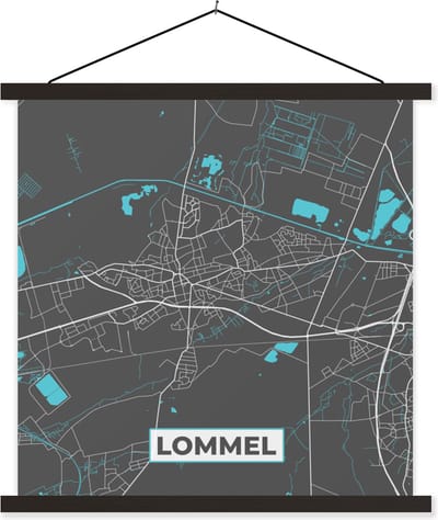 Posterhanger incl. Poster 60x60 cm - Schoolplaat - Stadskaart – Grijs - Kaart – Lommel – België – Plattegrond - Textielposter - Zwarte latten - Stadskaart