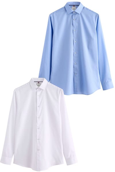 Next - Heren - Easy Care Textured Slim Fit Single Cuff Smart Shirts 2 Pack - Wit