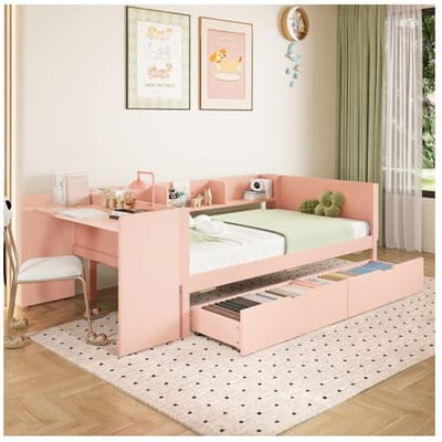 Enkel bed - Hout - 90x200 cm - Roze - Met bureau - 2 opberglades roze