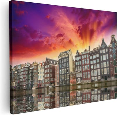 Artaza Canvas Schilderij Grachtenpanden - 40x30 cm - Klein - Wanddecoratie Amsterdam - Muurdecoratie Zonsondergang - Kamer Accessoires