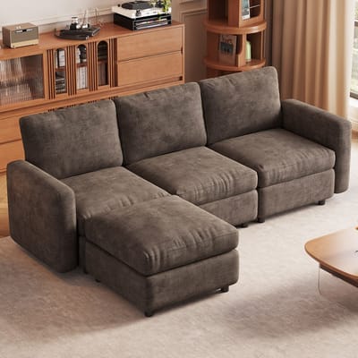 Guyii bank – Modulaire Hoekbank met Opbergruimte – Koffiekleurig Fluweel – Comfortabele 4-Zits bank met Voetensteun – Totale breedte sofa 229 cm