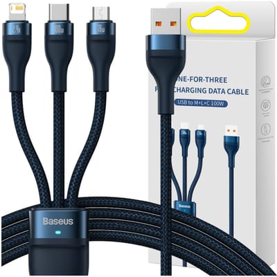 Baseus - Flash - Series-kabel USB - USB Type C / Lightning / micro-USB - 100 - W - 1,2 - m - blauw - (CASS030003)