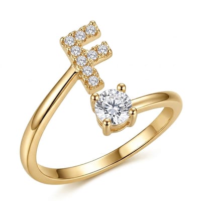 Goudkleurige witkleurige ring dames met initiaal F en ronde steen – open ring verstelbaar letter ring met strass details en zirkonia look