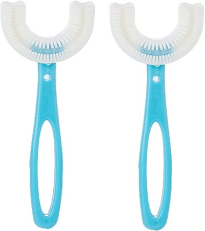 Set van 2 Kindvriendelijke U-vormige Tandenborstels voor Volledige Mondreiniging, Siliconen Borstels, Tandvleesmassage, Handmatig (6-12 jaar, Blauw)