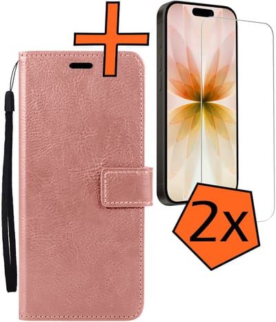 Hoes - Met 2x Screenprotector - Geschikt voor Apple iPhone 17 - Luxe Pasjeshouder - Bookcase Portemonee - Flip Case - Kunstleer Book Case - Flipcase Hoes - Book Cover - Walletcase - PortemonneeHoes - Rosé goud