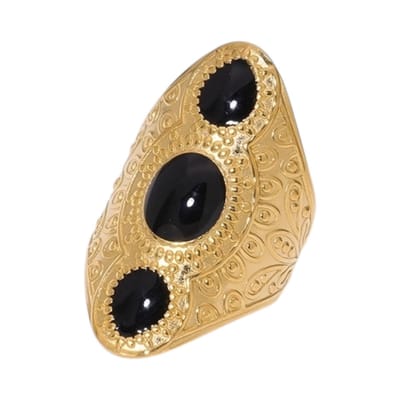 Aramat Jewels | Ringen | Statement Ring RVS met Drie Ovale Emaille Vullingen (45 mm Lang) | Zwart | |45mm | Staal | Volwassenen | Verkleurd niet