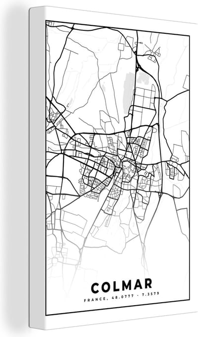 Canvas Schilderij Colmar - Stadskaart - Frankrijk - Kaart - Plattegrond - Zwart wit - 20x30 cm - Wanddecoratie