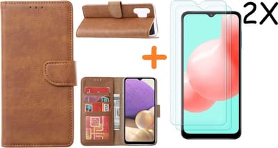Hoesje Geschikt Voor Samsung Galaxy A32 hoesje bookcase Bruin Met screenprotector / 2X tempered glass