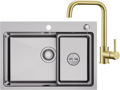 CECIPA MAX Spoelbak Keuken 68x48CM RVS - Enkele spoelbakken Met Keukenkraan Goud - Met Korf, Zeepdispenser en Afvoerset - Voor 80 cm Kast
