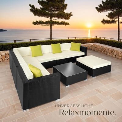 Loungeset 6 personen L-vorm met tafel en kruk – Polyrotan tuinset met aluminium frame en kussens, weerbestendig – Luxe hoek loungeset zwart – Urbanhome