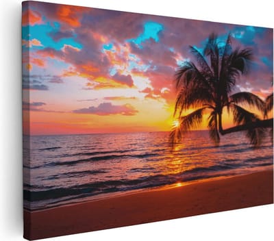Artaza Canvas Schilderij Palmboom Zee - 30x20 cm - Klein - Wanddecoratie Zonsondergang - Muurdecoratie Strand - Kamer Accessoires
