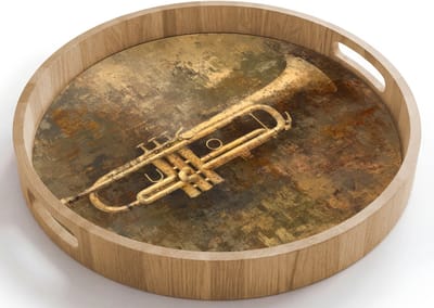 Dienblad rond 40x40 cm - Schootdienblad hout - Trompet - Geel - Muzikaal - Borrelplank rechthoek - Plateau houten dienbladen
