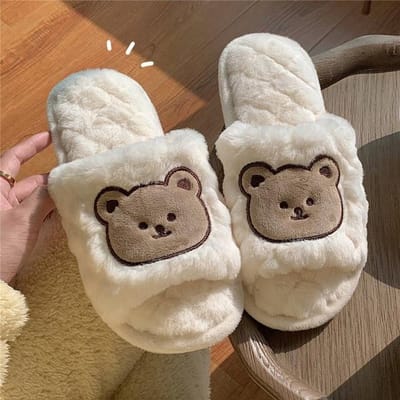 Hiver Chaud Intérieur Animal Moelleux Peluche Pantoufles Maison Mignon Ours Femmes Filles Pantoufles Kawaii Plates Dessin Animé Diapositives Chaussures 36-37 gray