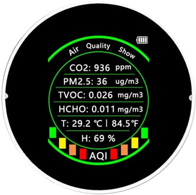 Luchtkwaliteitsmonitor - Luchtmeter - Binnenklimaat Meten - 7-in-1 Detectie - 3.54 x 2.76 inch - Wit