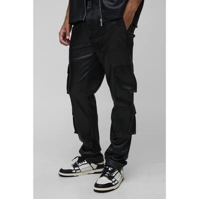 Hoge geplooide PU gestapelde cargobroeken met wijde pijpen | Black | Size 30