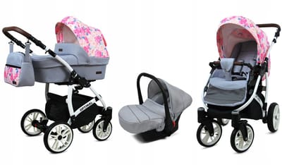 BabyLux® Kinderwagen 3in1 – OPTIMAL - PEONY AND ROSE WHITE FRAME - Opklapbare Wandelwagen incl. Reiswieg, Multifunctionele Buggy Sportstoel, Autostoel - Combi-kinderwagen met Luiertas, Regenhoes, Klamboe, Bekerhouder, etc.