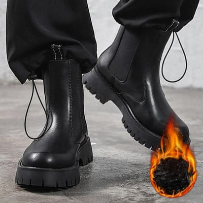 Nieuwe Heren Leren Casual Mode Hoge Chelsea Boots Herfst en Winter Fleece gevoerd Heren Leren Boots 44 black