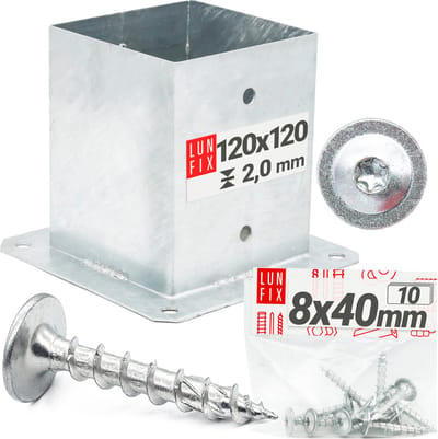 LUN FIX - Pfostendrager 120x120 mm - 10 stuks - 8x40 mm - Opbouwhuls voor houten palen, zilverkleurig, vuurverzinkt