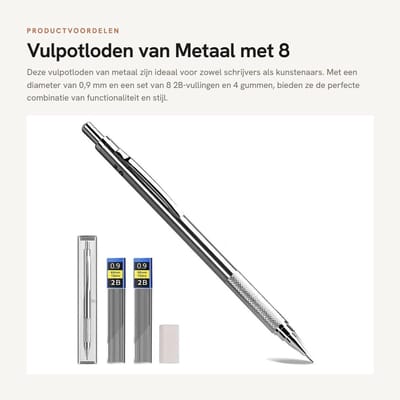 Dailygoods- Vulpotloden 0,9 mm - Metalen Vulpotlood - 8 2B-vullingen - 4 Gummen - Automatisch Potlood - Perfect voor Schrijven/Schetsen - Mechanisch Potlood