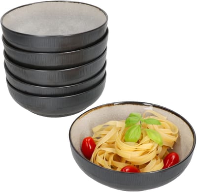 Set van 6 steengoed kommen Reactive Glaze Dark Cement voor 6 personen - 24321922