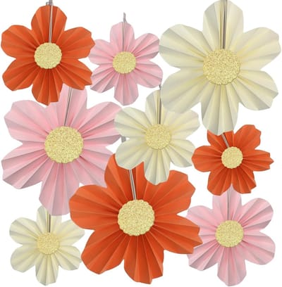 Set van 9 Papieren Waaierdecoraties met Roze en Oranje Bloemen voor Feestjes, Bruiloften, Verjaardagen en Babyshowers